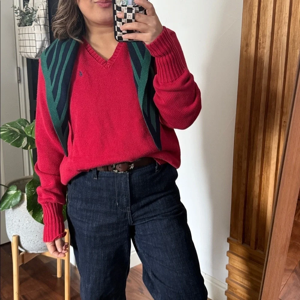 Vintage Polo Ralph Lauren Sport V neck Chunky Knit Pullover Sweater. M Unisex